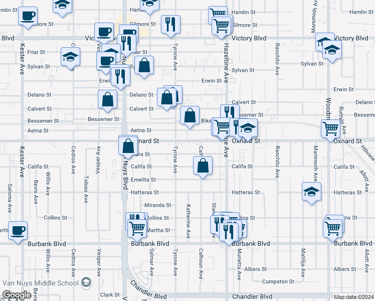 map of restaurants, bars, coffee shops, grocery stores, and more near 14233 Tiara Street in Los Angeles