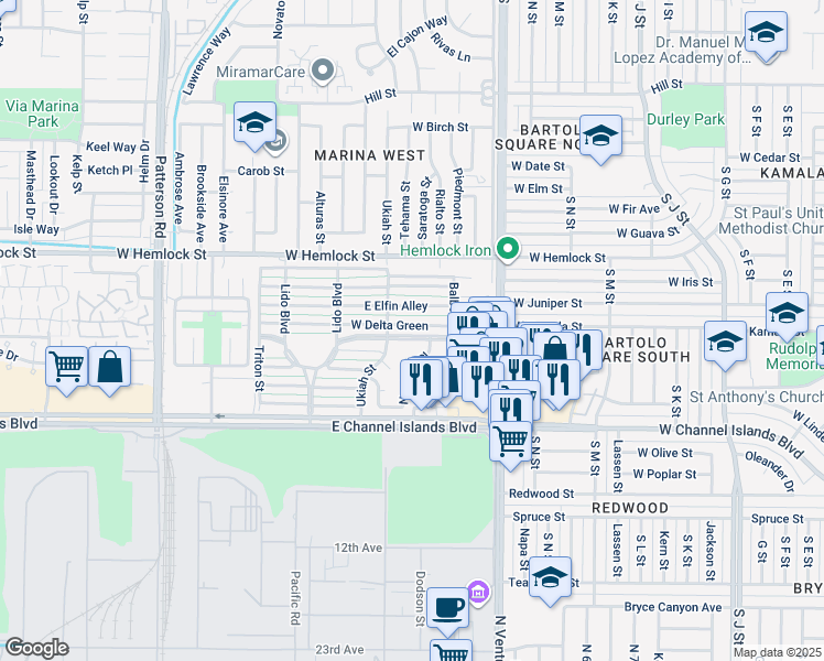 map of restaurants, bars, coffee shops, grocery stores, and more near 231 East Bay Boulevard in Port Hueneme