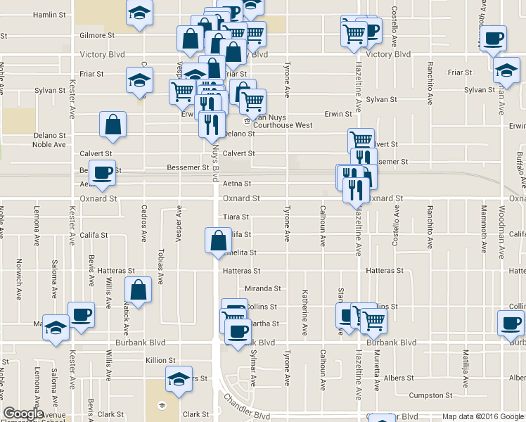 map of restaurants, bars, coffee shops, grocery stores, and more near 14343 Tiara Street in Los Angeles