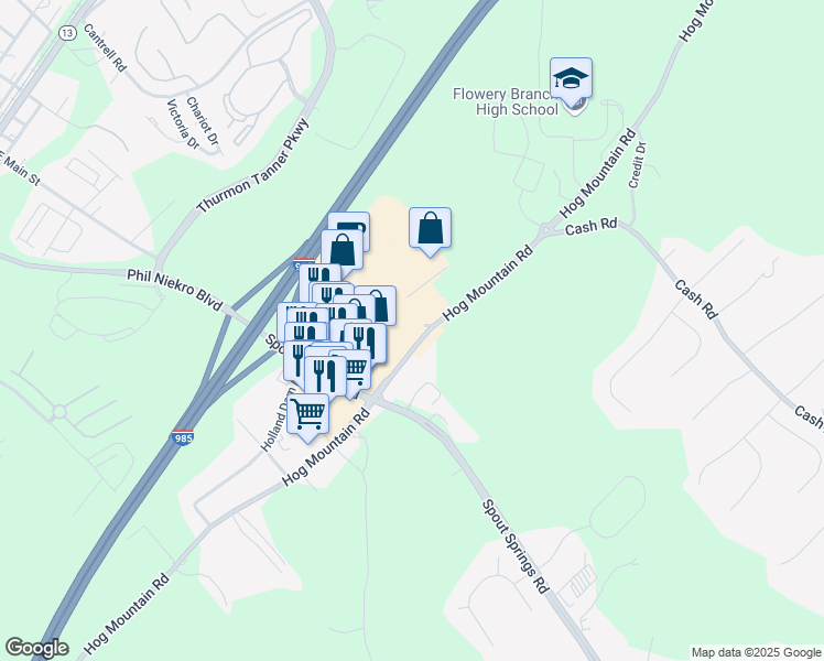 map of restaurants, bars, coffee shops, grocery stores, and more near 4706 Hog Mountain Road in Flowery Branch