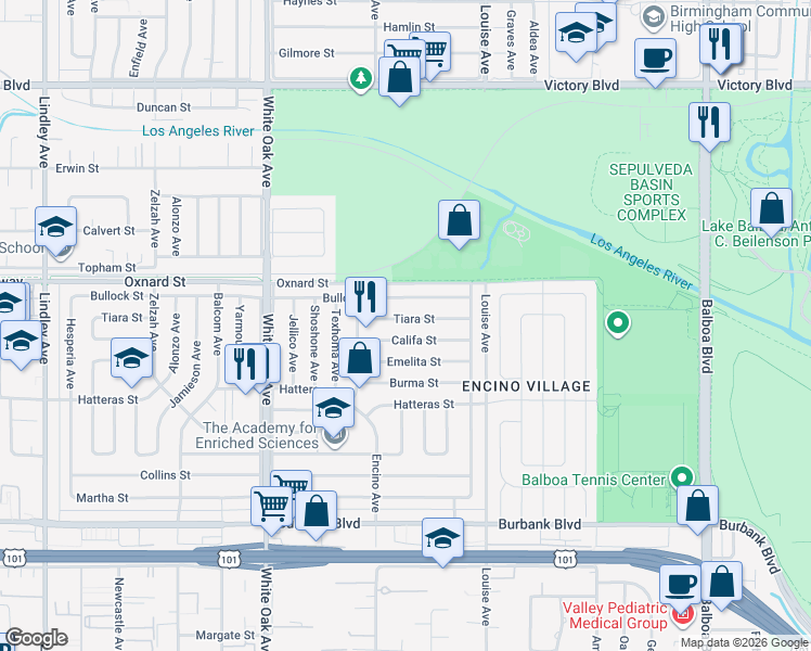 map of restaurants, bars, coffee shops, grocery stores, and more near 17434 Tiara Street in Los Angeles