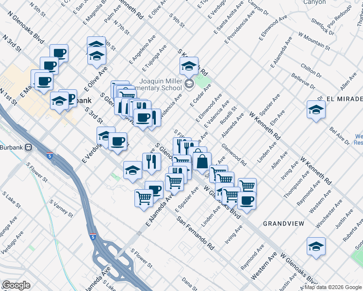 map of restaurants, bars, coffee shops, grocery stores, and more near 426 East Elmwood Avenue in Burbank