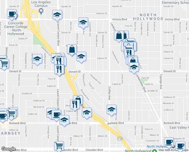 map of restaurants, bars, coffee shops, grocery stores, and more near 5954 Carpenter Avenue in Los Angeles