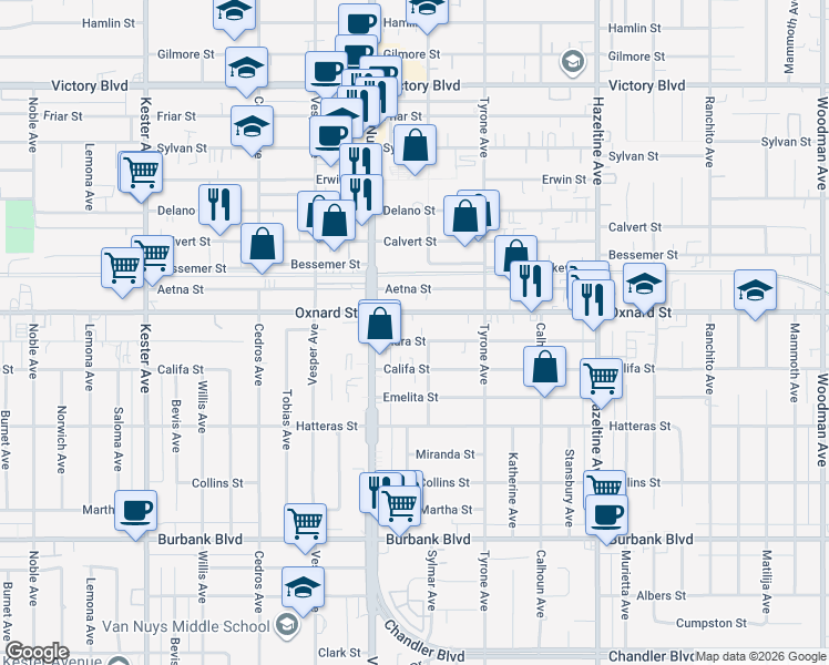 map of restaurants, bars, coffee shops, grocery stores, and more near 14417 Tiara Street in Los Angeles