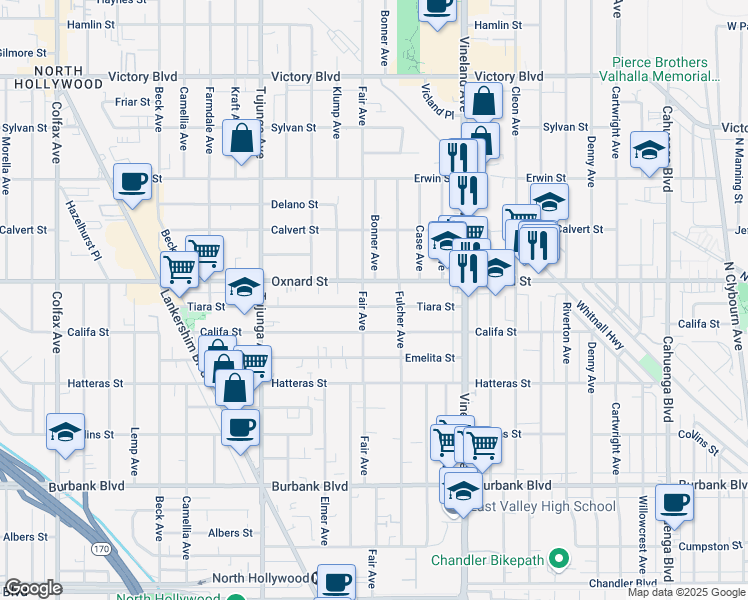 map of restaurants, bars, coffee shops, grocery stores, and more near 11133 Tiara Street in Los Angeles