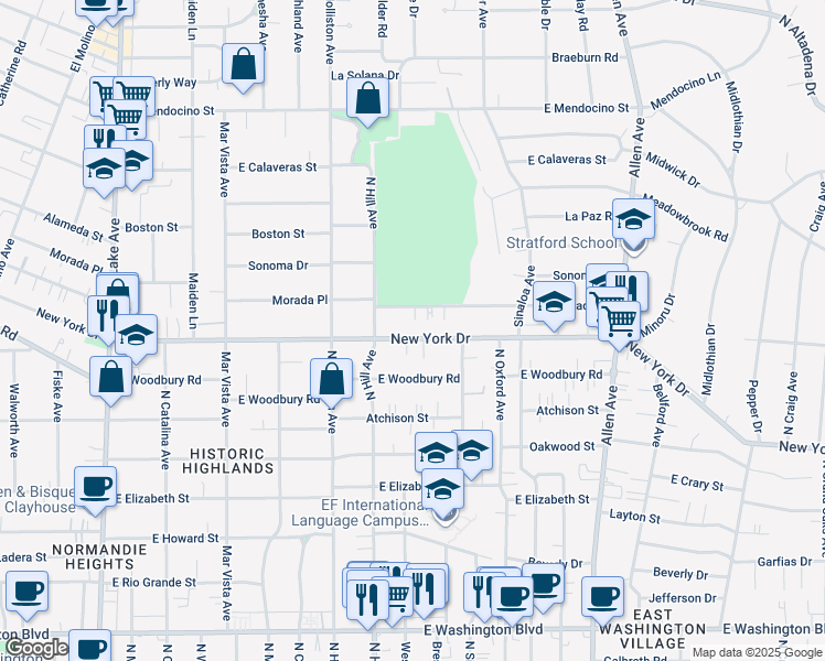 map of restaurants, bars, coffee shops, grocery stores, and more near 1479 New York Drive in Altadena
