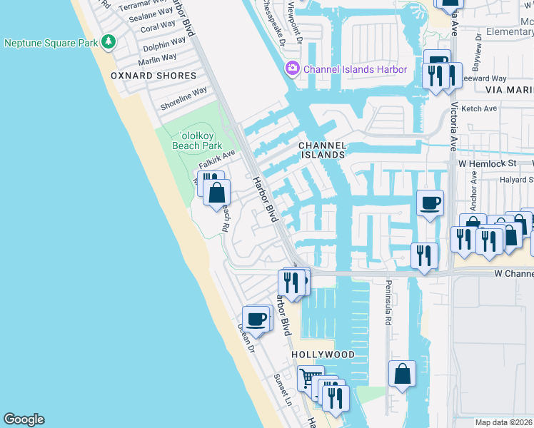 map of restaurants, bars, coffee shops, grocery stores, and more near 2202 Martinique Lane in Oxnard