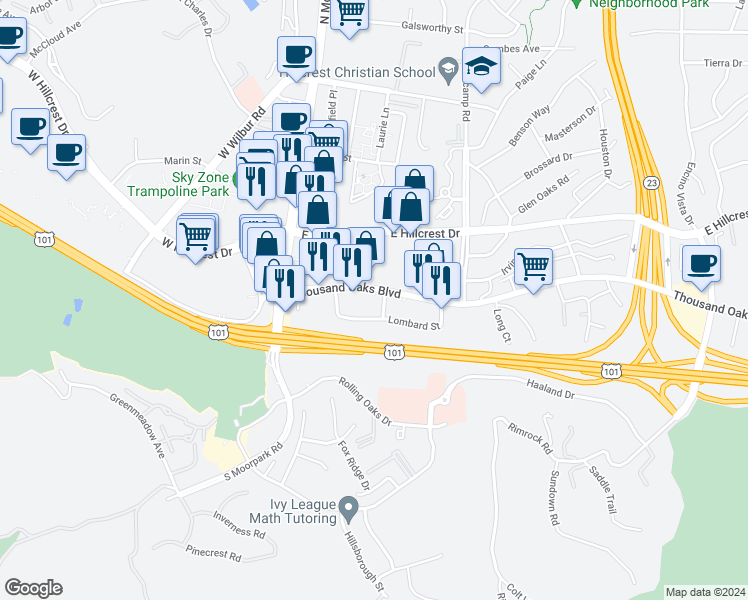 map of restaurants, bars, coffee shops, grocery stores, and more near 280 East Thousand Oaks Boulevard in Thousand Oaks