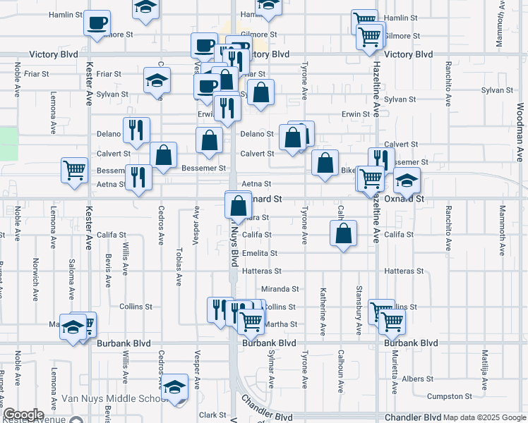 map of restaurants, bars, coffee shops, grocery stores, and more near 14409 Tiara Street in Los Angeles