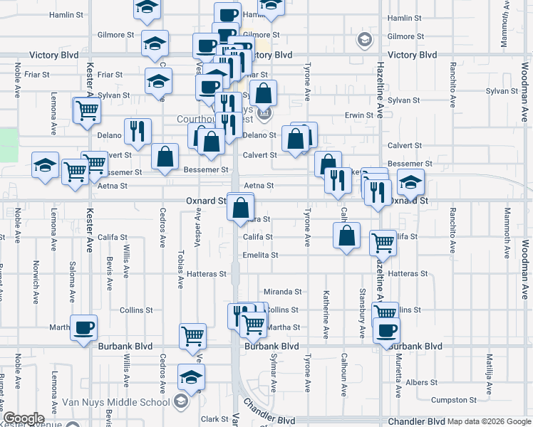 map of restaurants, bars, coffee shops, grocery stores, and more near 14409 Tiara Street in Los Angeles