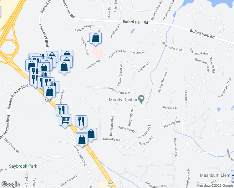 map of restaurants, bars, coffee shops, grocery stores, and more near 1455 Willow Park Way in Cumming