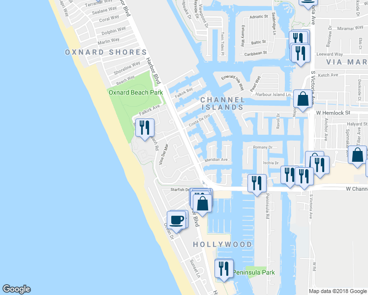 map of restaurants, bars, coffee shops, grocery stores, and more near 4544 Lyme Bay in Oxnard