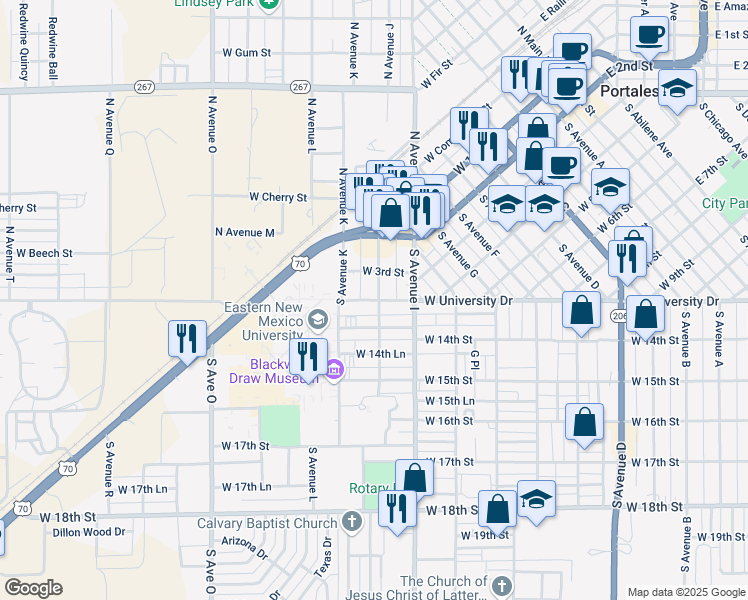 map of restaurants, bars, coffee shops, grocery stores, and more near 1112 West University Drive in Portales