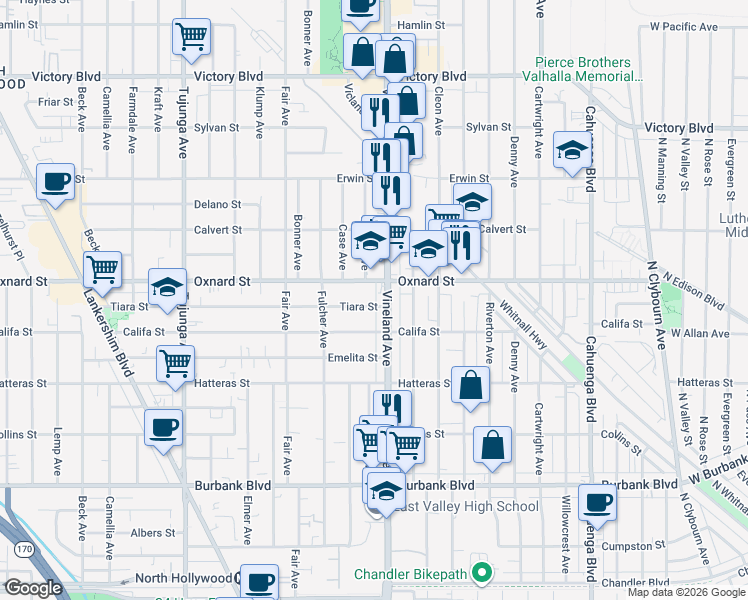 map of restaurants, bars, coffee shops, grocery stores, and more near 11017 Tiara Street in Los Angeles
