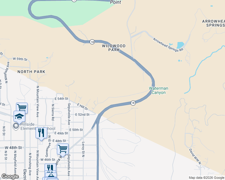 map of restaurants, bars, coffee shops, grocery stores, and more near 5475 Park Lane in San Bernardino