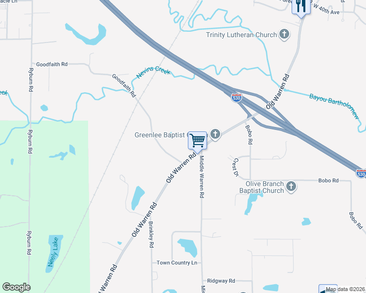 map of restaurants, bars, coffee shops, grocery stores, and more near 5000 Old Warren Road in Pine Bluff