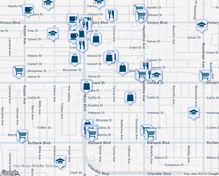 map of restaurants, bars, coffee shops, grocery stores, and more near 14319 Tiara Street in Los Angeles