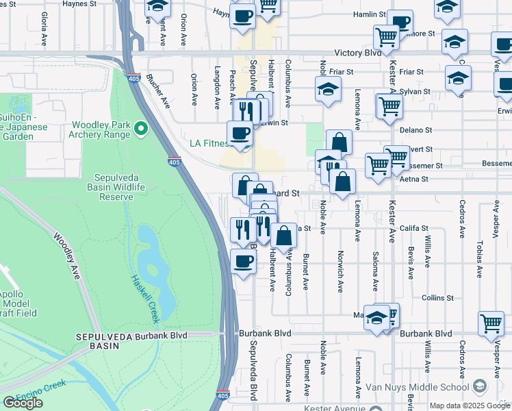 map of restaurants, bars, coffee shops, grocery stores, and more near 5990 Sepulveda Boulevard in Los Angeles