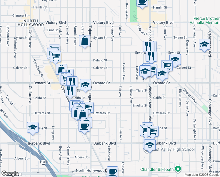map of restaurants, bars, coffee shops, grocery stores, and more near 11243 Tiara Street in Los Angeles