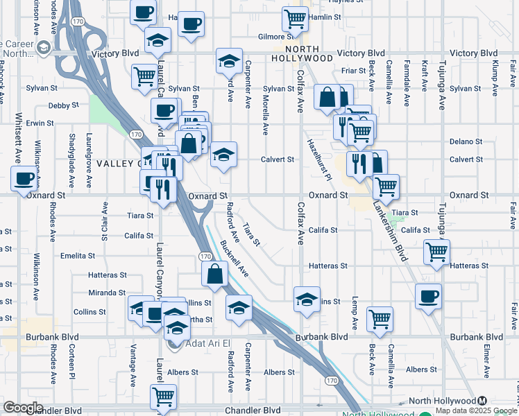 map of restaurants, bars, coffee shops, grocery stores, and more near 5954 Carpenter Avenue in Los Angeles