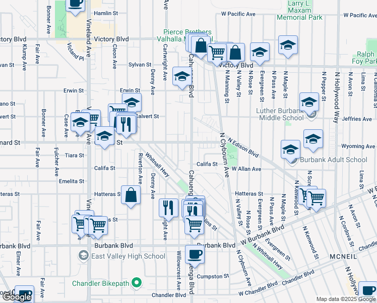 map of restaurants, bars, coffee shops, grocery stores, and more near 5941 Cahuenga Boulevard in Los Angeles