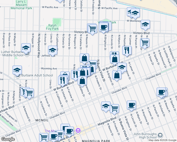 map of restaurants, bars, coffee shops, grocery stores, and more near 2613 Wyoming Avenue in Burbank