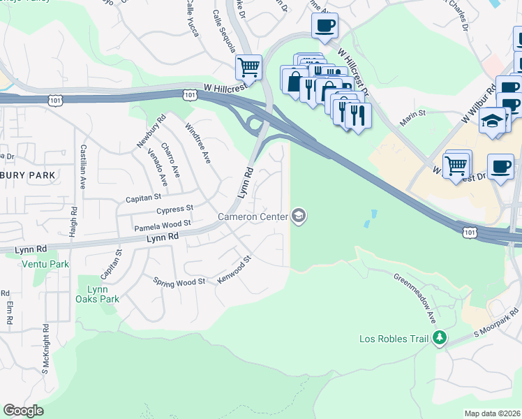 map of restaurants, bars, coffee shops, grocery stores, and more near 621 Westchester Lane in Thousand Oaks