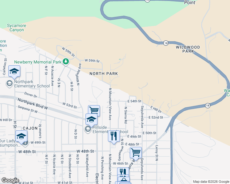 map of restaurants, bars, coffee shops, grocery stores, and more near 5495 North Mountain View Avenue in San Bernardino