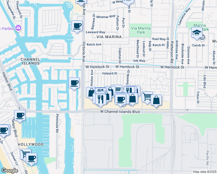 map of restaurants, bars, coffee shops, grocery stores, and more near 2557 Tiller Avenue in Port Hueneme
