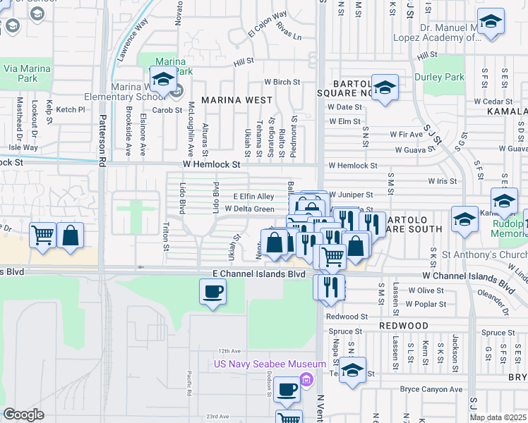 map of restaurants, bars, coffee shops, grocery stores, and more near 231 East Bay Boulevard in Port Hueneme
