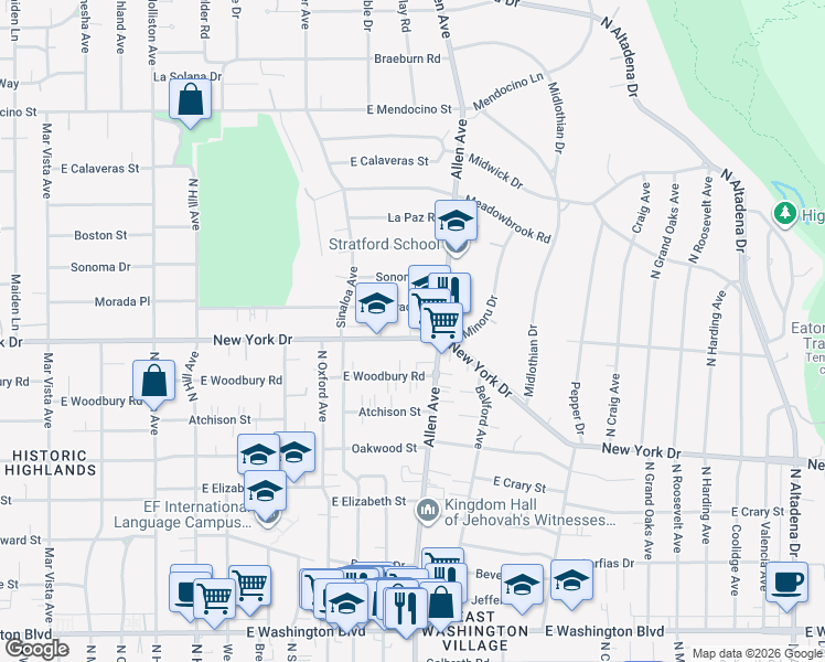 map of restaurants, bars, coffee shops, grocery stores, and more near 1815 New York Drive in Altadena