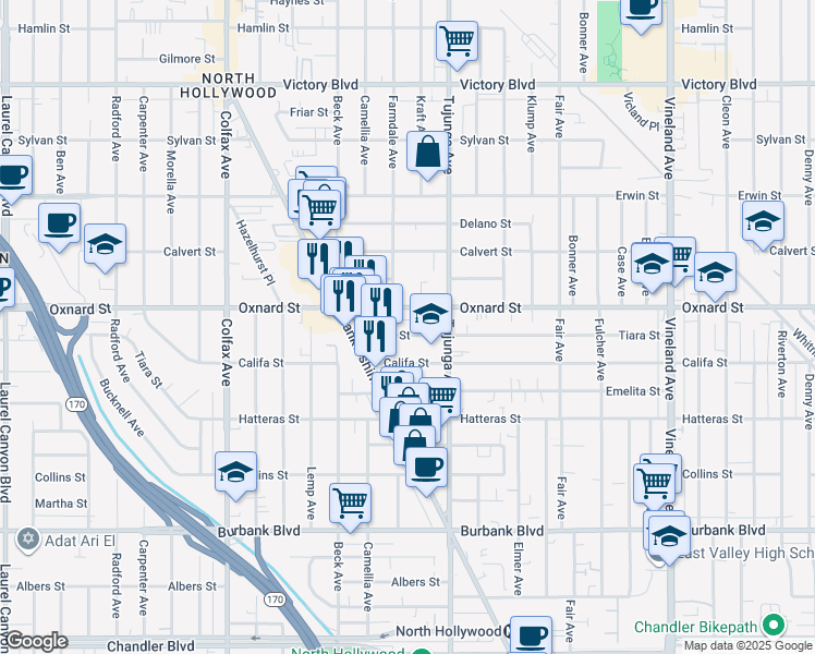 map of restaurants, bars, coffee shops, grocery stores, and more near 11447 Tiara Street in Los Angeles