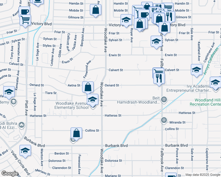 map of restaurants, bars, coffee shops, grocery stores, and more near 23130 West Oxnard Street in Los Angeles