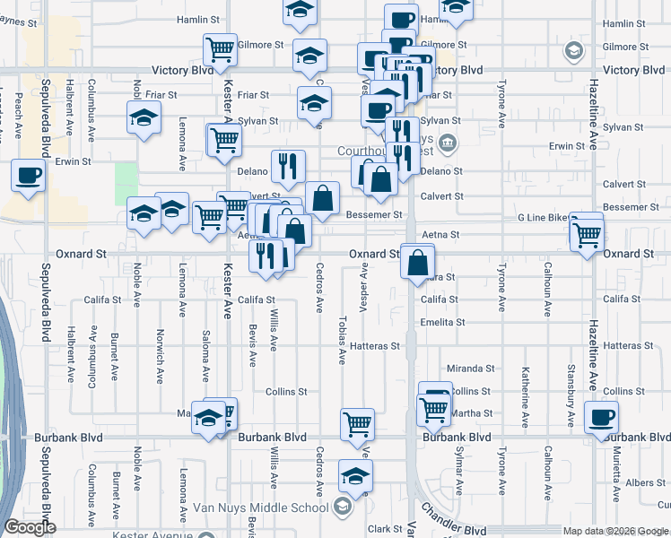 map of restaurants, bars, coffee shops, grocery stores, and more near 5941 Tobias Avenue in Los Angeles