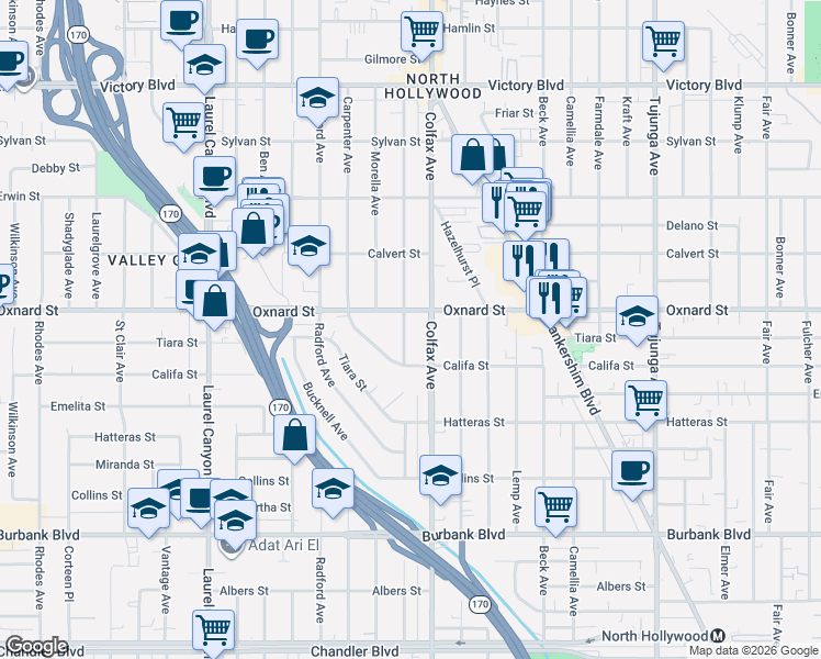 map of restaurants, bars, coffee shops, grocery stores, and more near 5938 Simpson Avenue in Los Angeles
