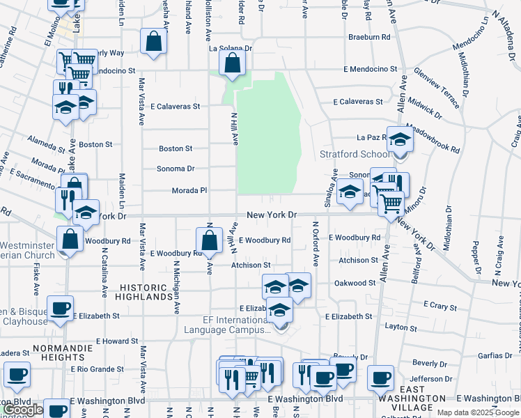 map of restaurants, bars, coffee shops, grocery stores, and more near 1479 New York Drive in Altadena