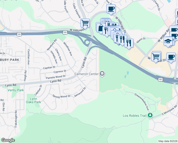 map of restaurants, bars, coffee shops, grocery stores, and more near 621 Westchester Lane in Thousand Oaks