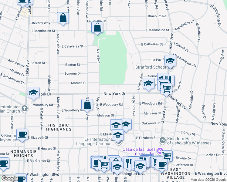 map of restaurants, bars, coffee shops, grocery stores, and more near 1539 New York Drive in Altadena