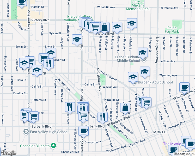 map of restaurants, bars, coffee shops, grocery stores, and more near 10405 Tiara Street in Los Angeles