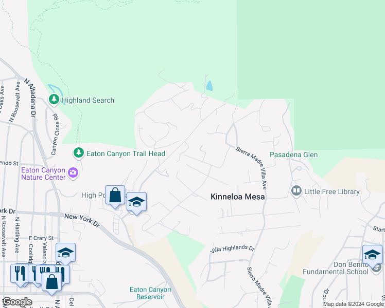 map of restaurants, bars, coffee shops, grocery stores, and more near 1701 Country Lane in Pasadena