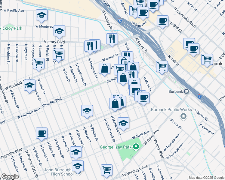 map of restaurants, bars, coffee shops, grocery stores, and more near 514 North Shelton Street in Burbank