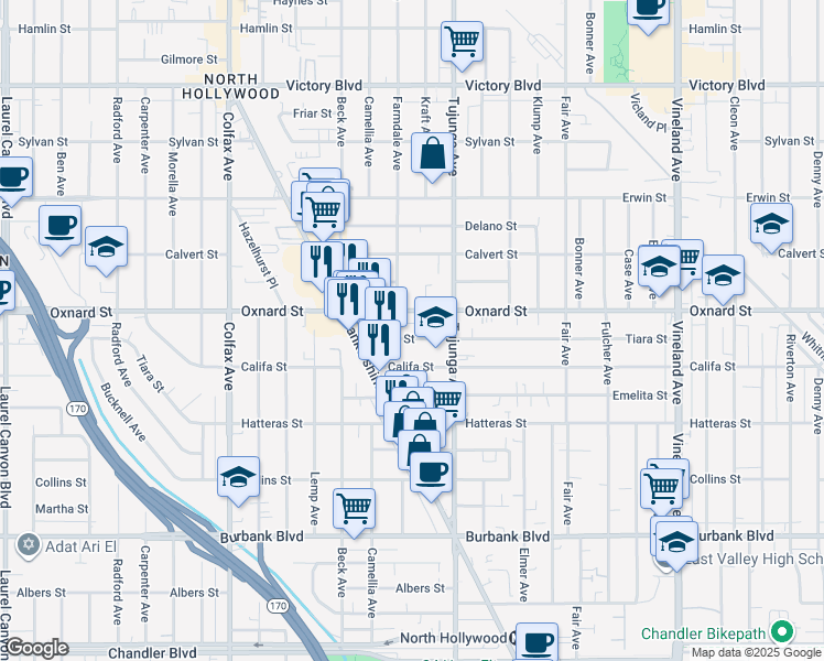 map of restaurants, bars, coffee shops, grocery stores, and more near 11421 Tiara Street in Los Angeles