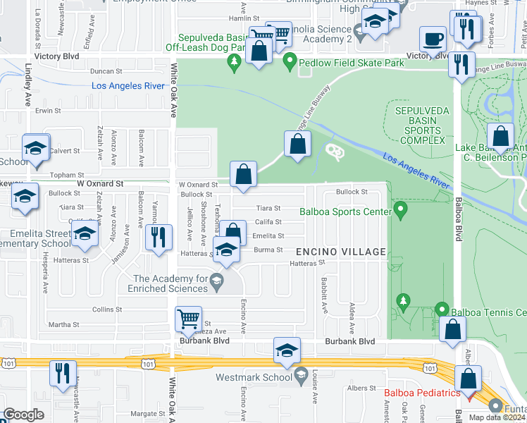 map of restaurants, bars, coffee shops, grocery stores, and more near 17434 Tiara Street in Los Angeles
