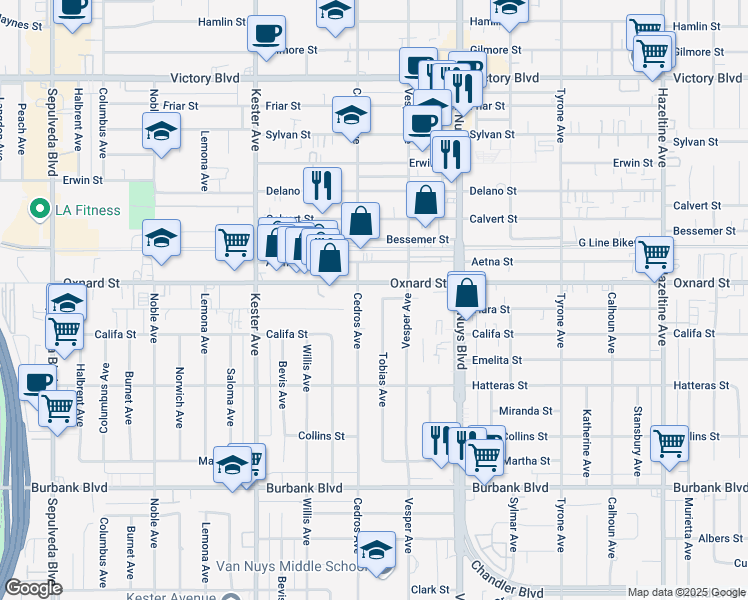 map of restaurants, bars, coffee shops, grocery stores, and more near 5941 Tobias Avenue in Los Angeles