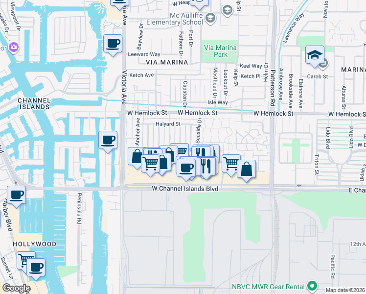 map of restaurants, bars, coffee shops, grocery stores, and more near 2573 Rudder Avenue in Port Hueneme
