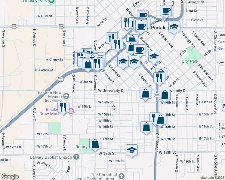 map of restaurants, bars, coffee shops, grocery stores, and more near 418 South Avenue G in Portales