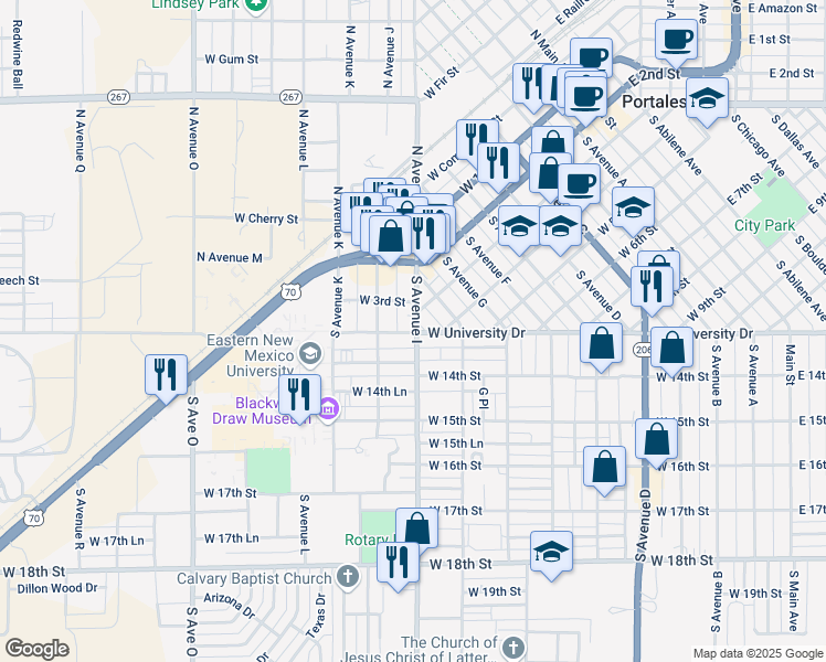 map of restaurants, bars, coffee shops, grocery stores, and more near 316 South Avenue I in Portales