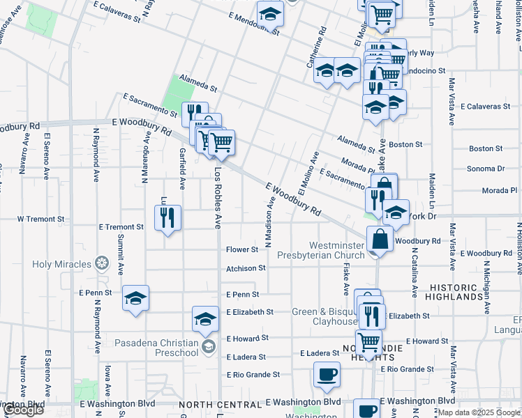 map of restaurants, bars, coffee shops, grocery stores, and more near 1937 North Madison Avenue in Pasadena