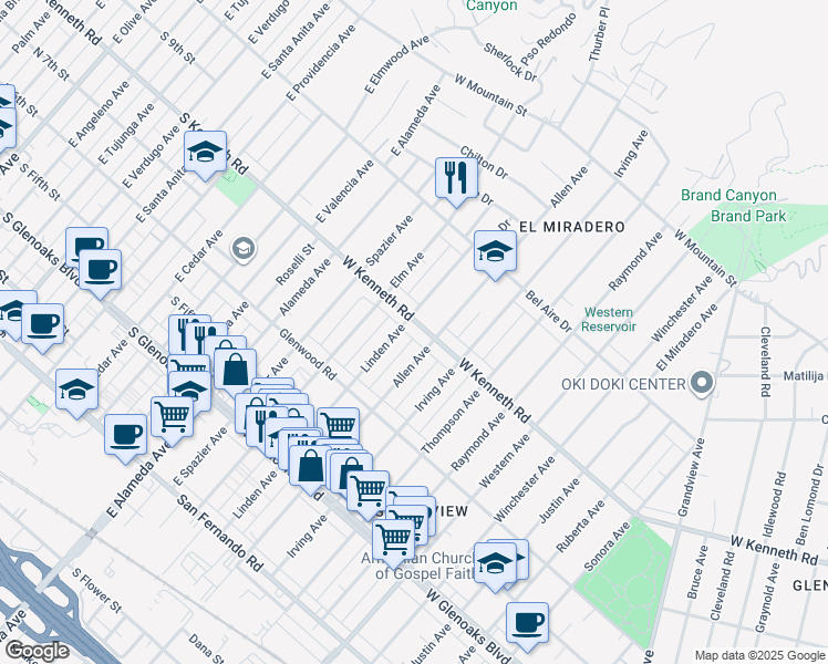 map of restaurants, bars, coffee shops, grocery stores, and more near 1930 West Kenneth Road in Glendale