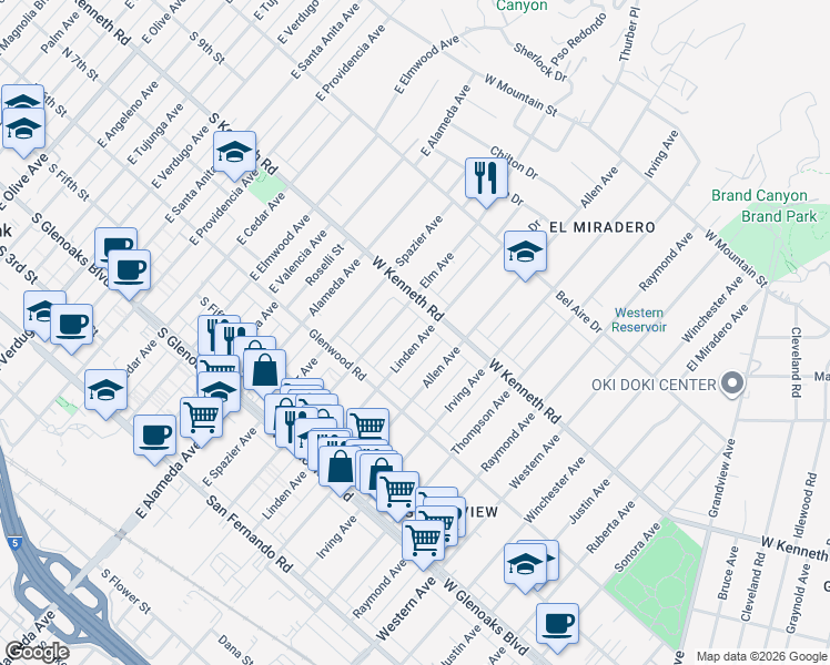 map of restaurants, bars, coffee shops, grocery stores, and more near 1930 West Kenneth Road in Glendale